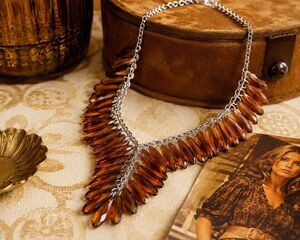 Vintage 1970 Amber Lucite Bib Statement Necklace Faceted Acrylic Silver Tone 22"